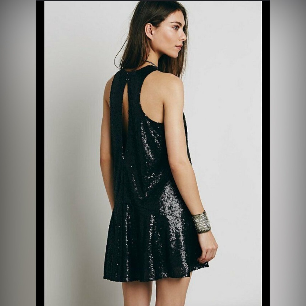 Free People black sequin liquid shine drop waist mini dress. - Picture 10 of 11